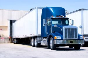 Tractor trailer truck in the warehouse.