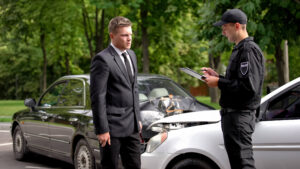 Police officer interviewing driver involved in car accident.