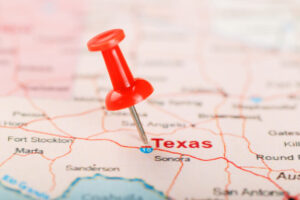 Close up map of Texas with red tack, United States map pin USA